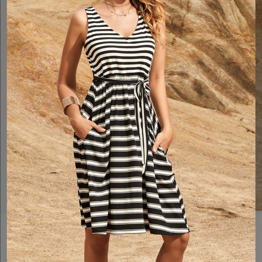 Black and white striped midi dress-with pockets!